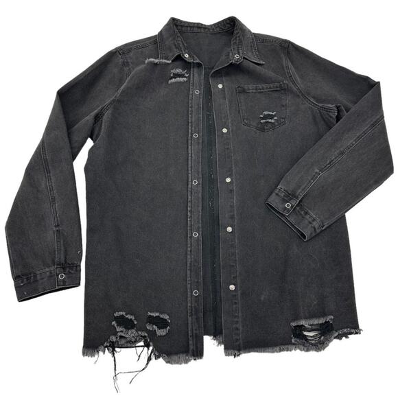 Papaya Branch Distressed Shacket‎ NWT Black size Medium Snap Front - Picture 8 of 16